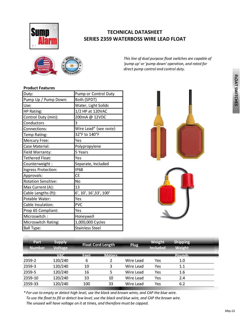 Float Switch for Sump Pump - Water Level Sensor with Honeywell Microswitch and Adjustable Tether Length for Ground Water Bilge Pump and Water Tank – Non-Corrosive PP Casing, Rated to 13 Amps - Sump Alarm