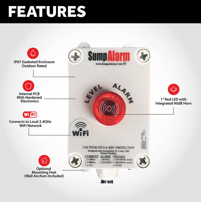 Sump Alarm Wifi Water Sensor, Wireless Sump Pump Alarm with Sludgeboss Float Switch for Indoor Outdoor Use, Weatherproof Water Detector Alarm with Free Email Alert, Audible Alarm & Server-Side Backup - Sump Alarm