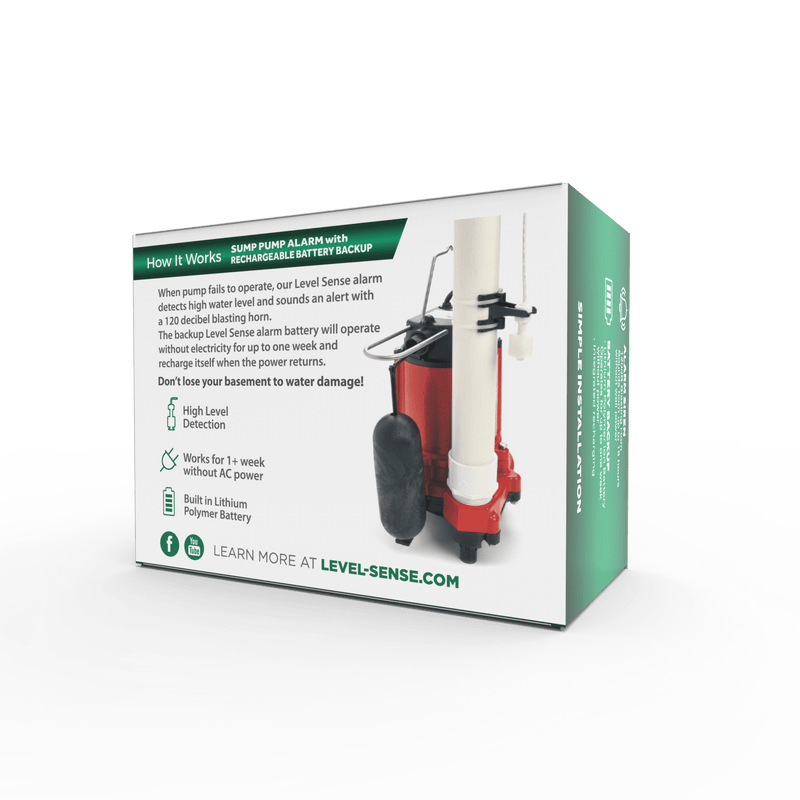 Level Sense Sump Pump Failure Alarm with 15 Foot Float, High Water Alarm for Sump Pump Sounds a Piercing 120 dB Siren - Self-Charging LiPo Battery Powers the Sump Alarm During Outages for up to 1 Week - Sump Alarm